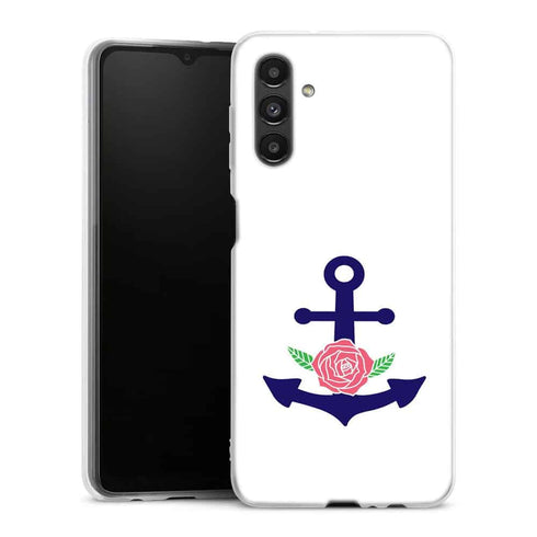 Coque Samsung Galaxy A04S ancre florale bleu marine et rose